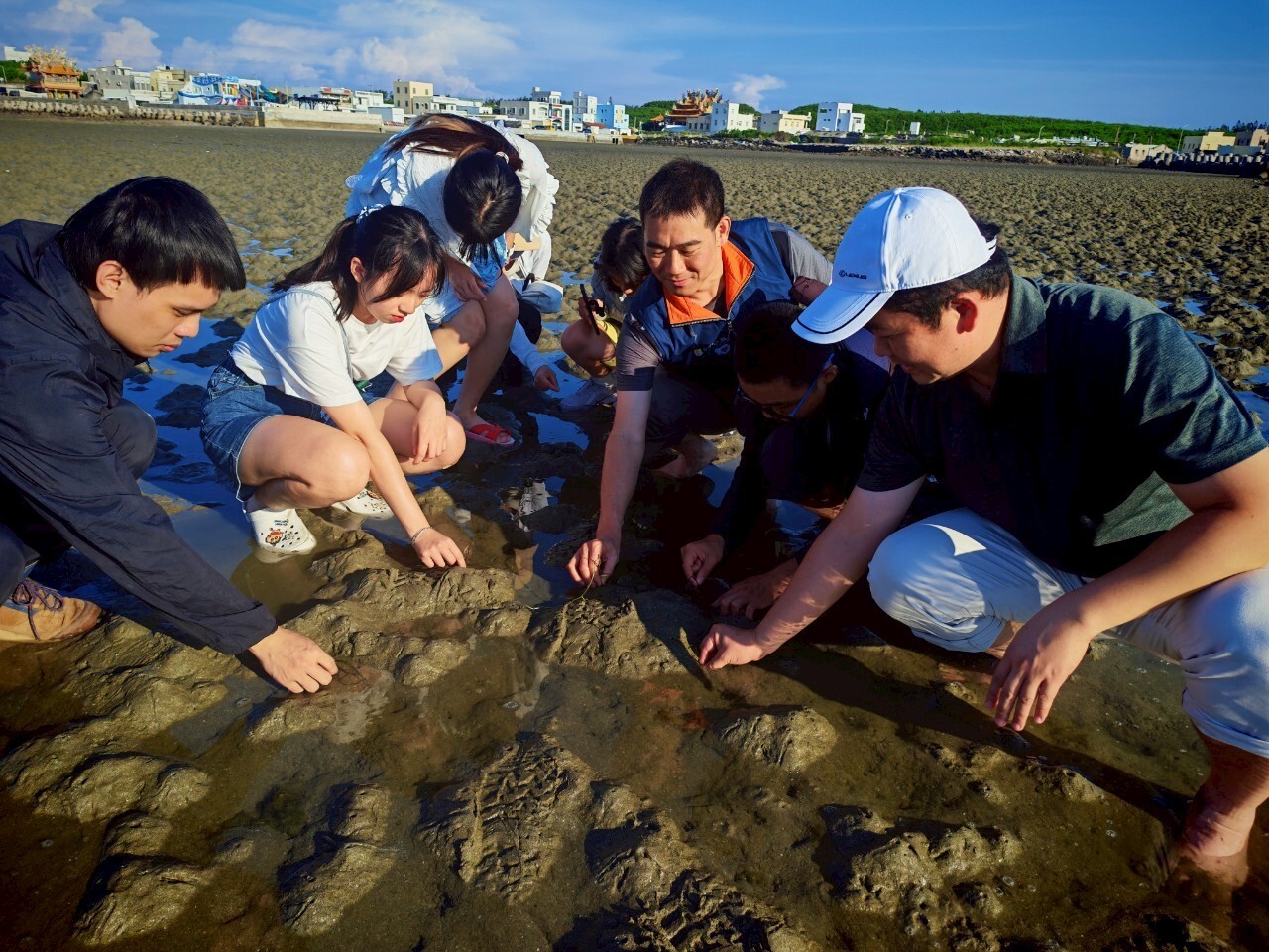 東華大學修課同學們進行淺灘種植海草實務操作體驗 (東華大學社會責任行動中心提供)