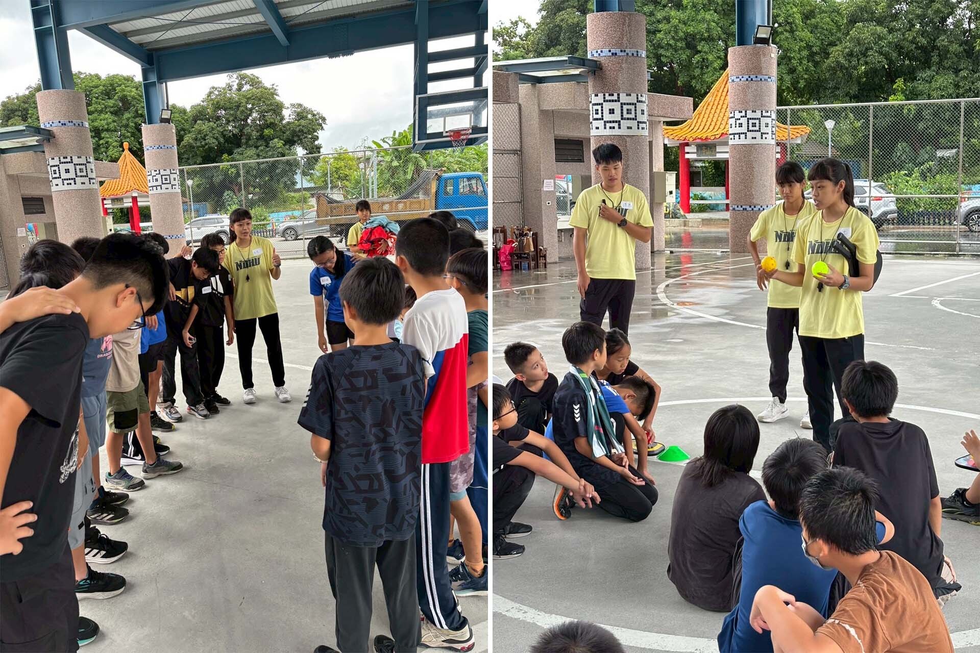 團隊建立遊戲認識你真好(左)、體育系師資生講解匹克球的技巧(右)