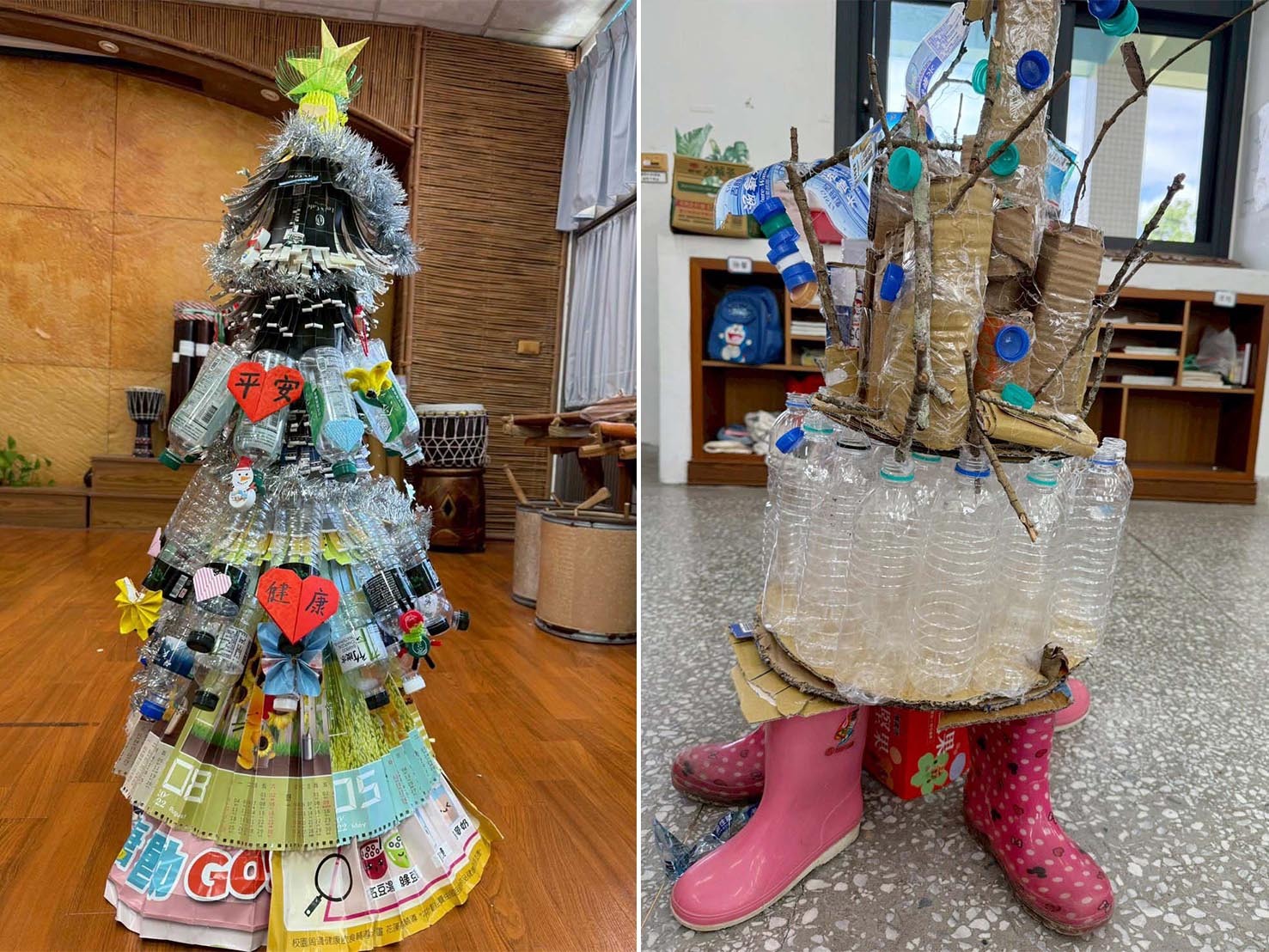 三年級學生利用撿拾的廢料再製作永續聖誕樹(左)、四年級學生利用志工留下的水瓶與雨鞋製作聖誕樹-會走路的樹-踏出希望的每一步(右)