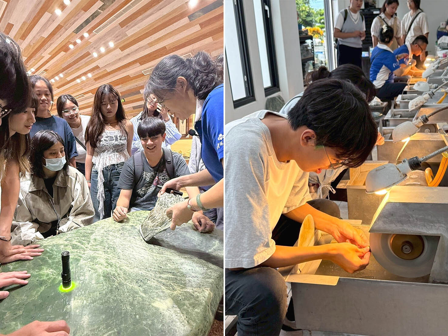 參訪如豐琢玉工坊了解臺灣玉石文化(右)、學生體驗磨玉工藝(左)