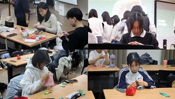 參與的學生們認真縫製蘋安包的神態