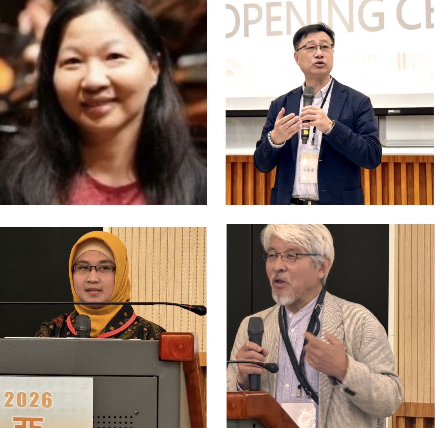 專題演講學者左上陳芬芳教授 左下Nia博士 右上李俊豪教授 右下中生勝美教授
